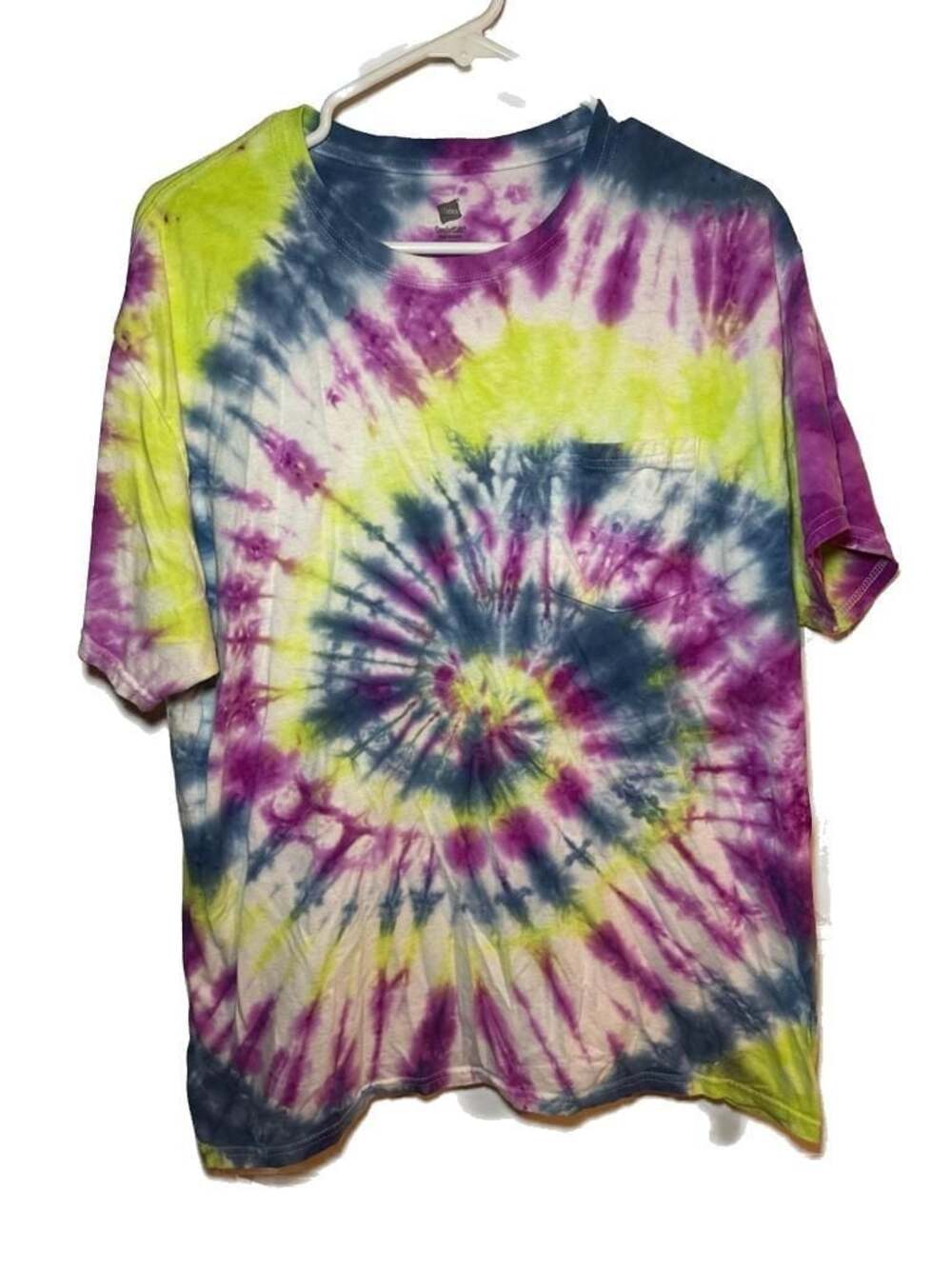 Hanes ComfortSoft Tie-Dye Spiral Pocket T-Shirt Neon Green Purple Blue